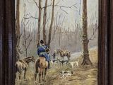 tableau représentant un homme à cheval accompagné d'une meute de chiens dans un environnement boisé