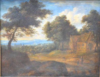 an old painting of a farm scene with a house in the distance
