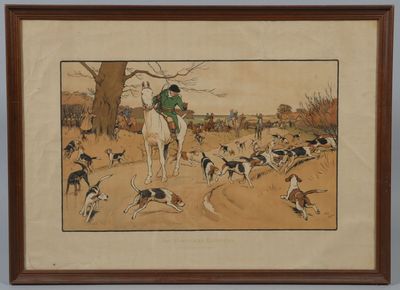 tableau représentant une scène de chasse avec un homme à cheval et des chiens