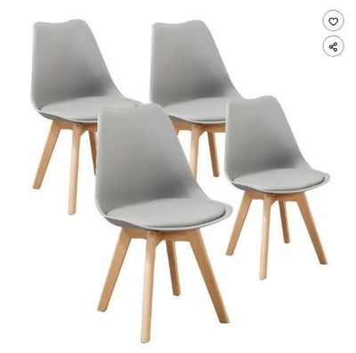 four grey chairs with wooden legs on a white background