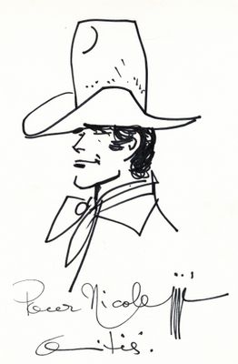 un dessin à l'encre représentant un homme portant un chapeau de cow-boy et une cravate