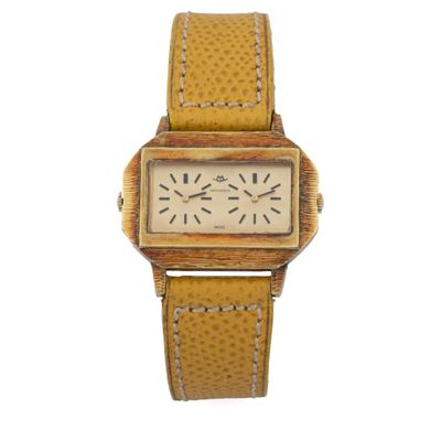 an image of a wrist watch with a square face and brown leather strap