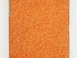 un livre orange à la couverture marron posé sur une surface blanche