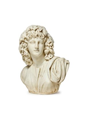 marble bust of a man with curly hair and a wig
