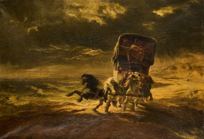 une image représentant un tableau de deux chevaux tirant un chariot couvert