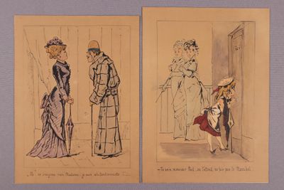 deux dessins représentant une femme en robe et un homme en costume