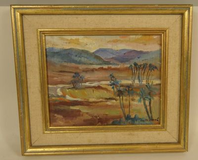 une image représentant un tableau représentant une scène désertique avec des palmiers