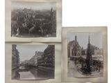 trois vieilles photos en noir et blanc d'une ville avec une tour horloge