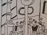 a black and white drawing of a group of people on the street