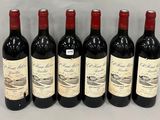 six bottles of red wine lined up in a row