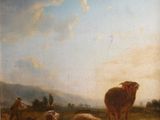 painting of sheep in a landscape with a man and a dog