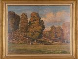 an image of a painting of a landscape with trees in the foreground