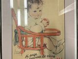 tableau représentant un bébé assis sur une chaise, une fleur à la main