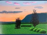 a painting of two trees in a field with a sunset in the background