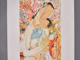 painting of a woman holding a child in her arms in front of flowers