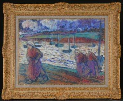 an image of a painting of two women walking on a beach
