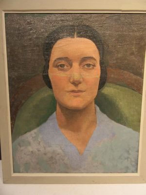 tableau représentant une femme en chemise bleue, assise dans un fauteuil vert