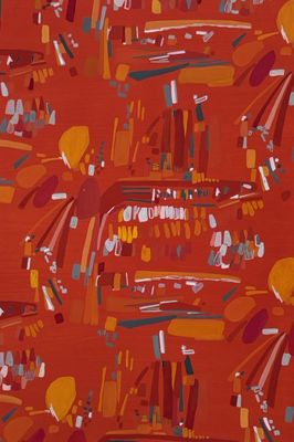 une image représentant une peinture montrant divers outils sur un fond rouge