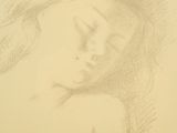 a drawing of a woman with her eyes closed and her head resting on her hands