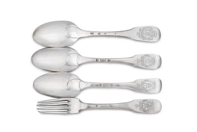 four silver spoons and a fork are lined up on a white surface