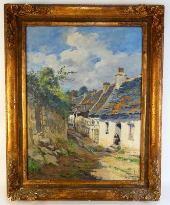 une peinture à l'huile représentant une scène de village avec une femme marchant sur la route