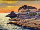 painting of a painting of a sunset over a body of water with buildings in the background