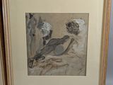 two framed drawings of a woman and a man sitting on a couch