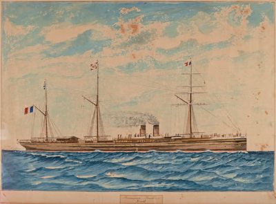 peinture représentant un bateau sur l'eau, arborant un drapeau