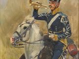 tableau représentant un homme en uniforme chevauchant un cheval blanc et tenant une trompette