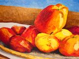 a painting of a bowl of peaches on a table