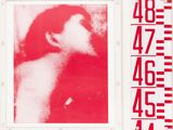 a red and white photo of a woman with numbers on it