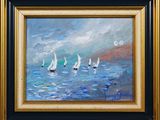 une peinture à l'huile représentant des voiliers en mer, avec une pleine lune en arrière-plan
