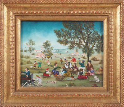 une peinture à l'huile représentant un groupe de personnes dans un champ