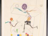 painting of a man and a woman playing with blocks and a basketball ball