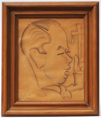 drawing of a man ' s head in a wooden frame