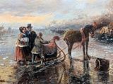 a painting of a horse pulling a sleigh with people on it
