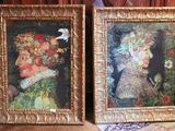 two framed pictures of a woman and a bird on a table