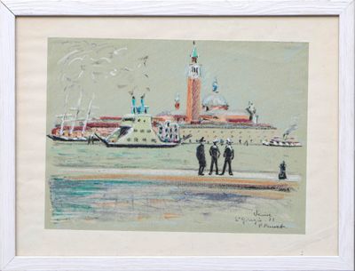 painting of a group of people standing on a pier next to a body of water