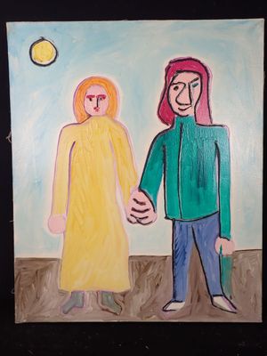 un tableau représentant un homme et une femme se tenant par la main