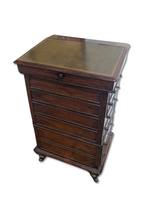 an image of a wooden chest of drawers on wheels