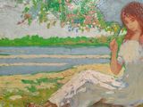 a painting of a woman sitting in the grass with an umbrella