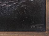 an oil painting of a man riding a surfboard on a beach