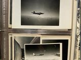 several black and white photos of a plane flying over a body of water