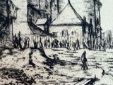 drawing of a street scene with people walking and a building in the background