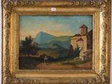 une peinture à l'huile représentant un paysage avec une église et un homme à cheval