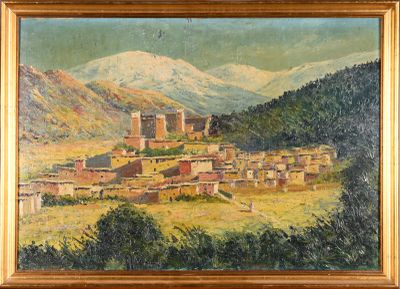 an oil painting of a village in the mountains with a mountain range in the background