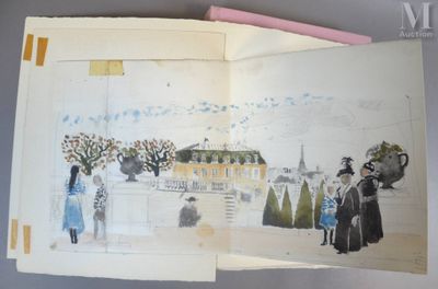 un livre ouvert sur lequel figure le dessin d'une femme en robe bleue et d'une femme en robe bleue