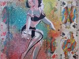 an image of a painting of a woman in a bikini top and playing cards