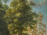 an image of a painting of cows grazing in a wooded area