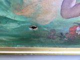 a painting on the wall of a room with a painting of a woman